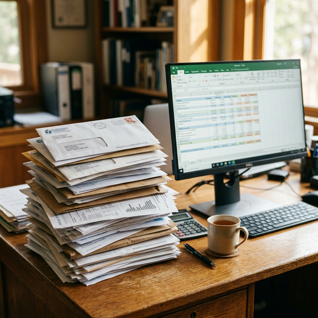 Utility bills and documents on a desk