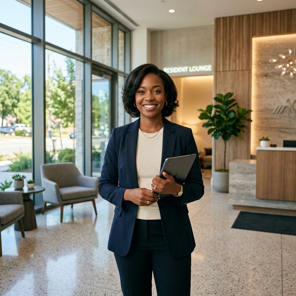 Property management professional in a modern apartment building