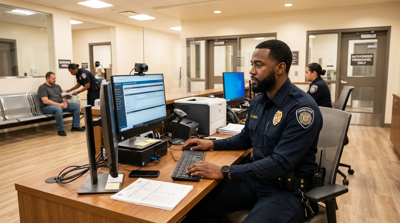 Officer processing intake at booking desk