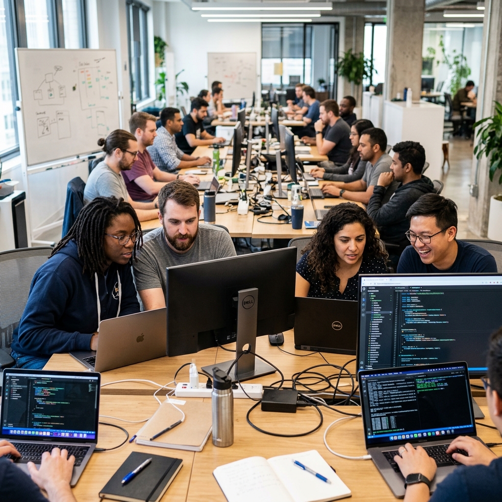 Developers in a hands-on technical workshop